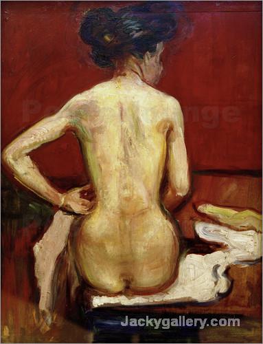 ack View of Sitting Female Nude with Red Background by Edvard Munch paintings reproduction
